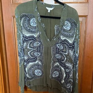 Lucky Brand Olive Paisley V-Neck Blouse